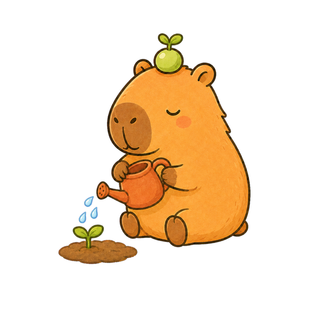 Pod, Pea’s capybara companion, watering a small plant